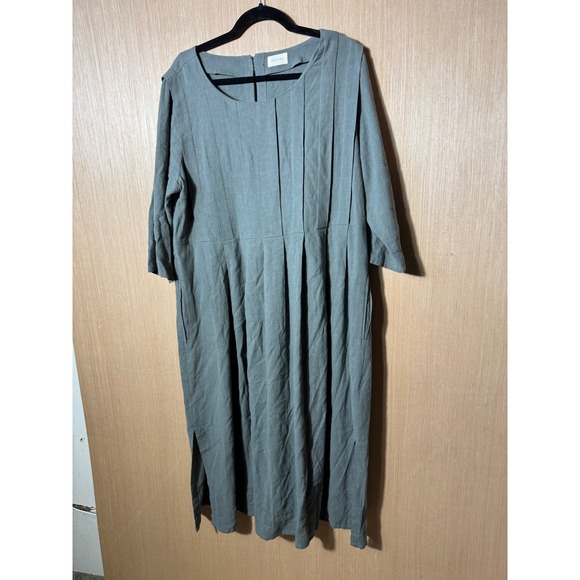 Poetry Women's US 10 Linen Blend Midi Dress Olive Green Casual Pleated - Picture 1 of 6